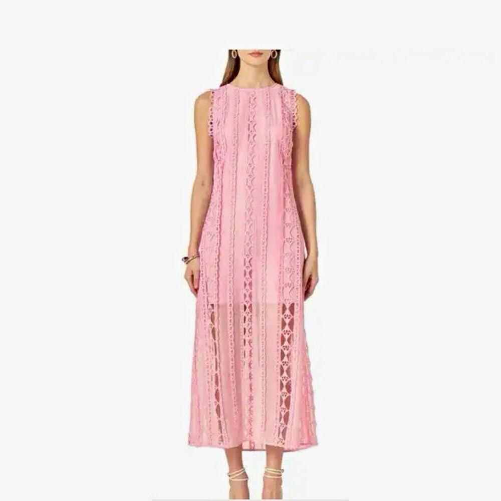 Endless Rose Pink Lace Overlay Dress Round Neck Lined Midi Sleeveless Sz L